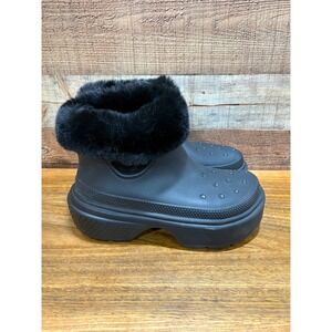 Crocs Stomp Lined Boots Black Faux Fur Trim Platform Mens 9 Womens 11